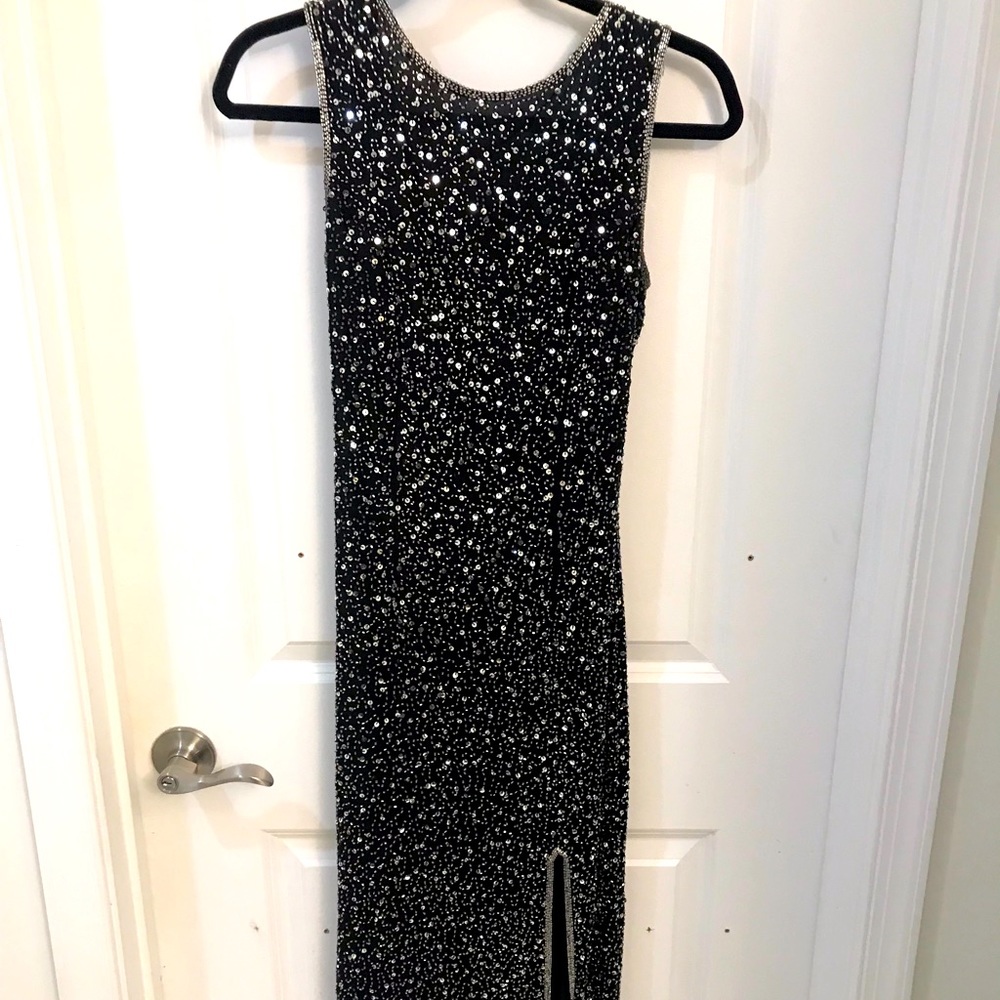 Vintage Black Beaded Backless Dress Front Slit